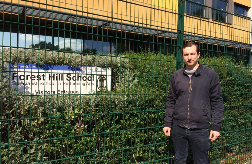 Ross outside a Lewisham Secondary School. Labour stopped a community debate on Lewisham Schools.