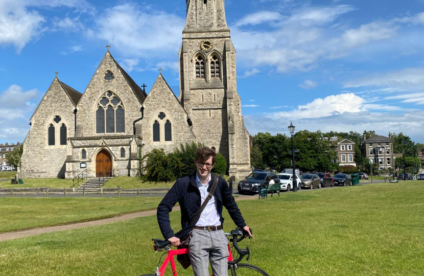 Hugh Rees-Beaumont in Blackheath with a bicycle.