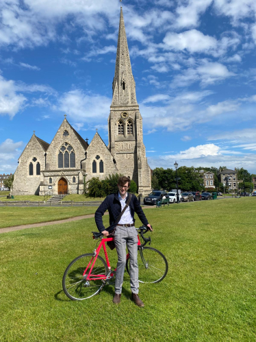 Hugh Rees-Beaumont in Blackheath with a bicycle.