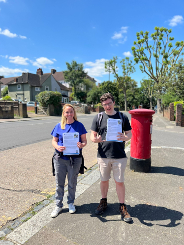 Louise Brice campaigning in Lewisham with a volunteer.